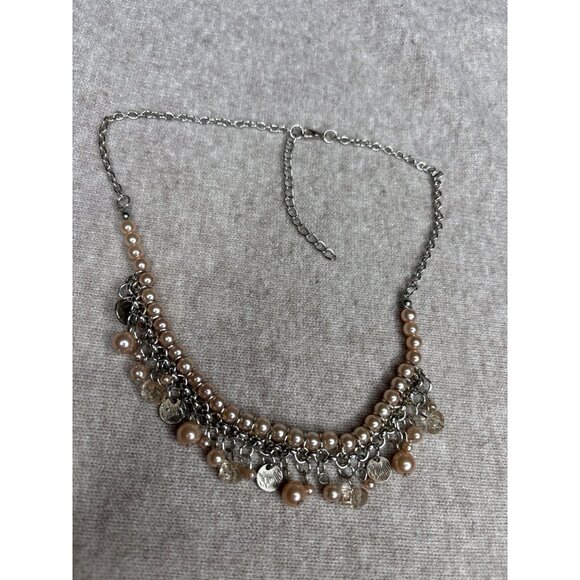 Silvertone Champagne Faux Pearl Bead Fringe Necklace Textured Disks 18 - 20 inch - Picture 2 of 2